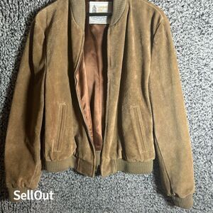 London Fog Men's Beige Suede Leather Bomber Jacket Size 42 Vintage 80s